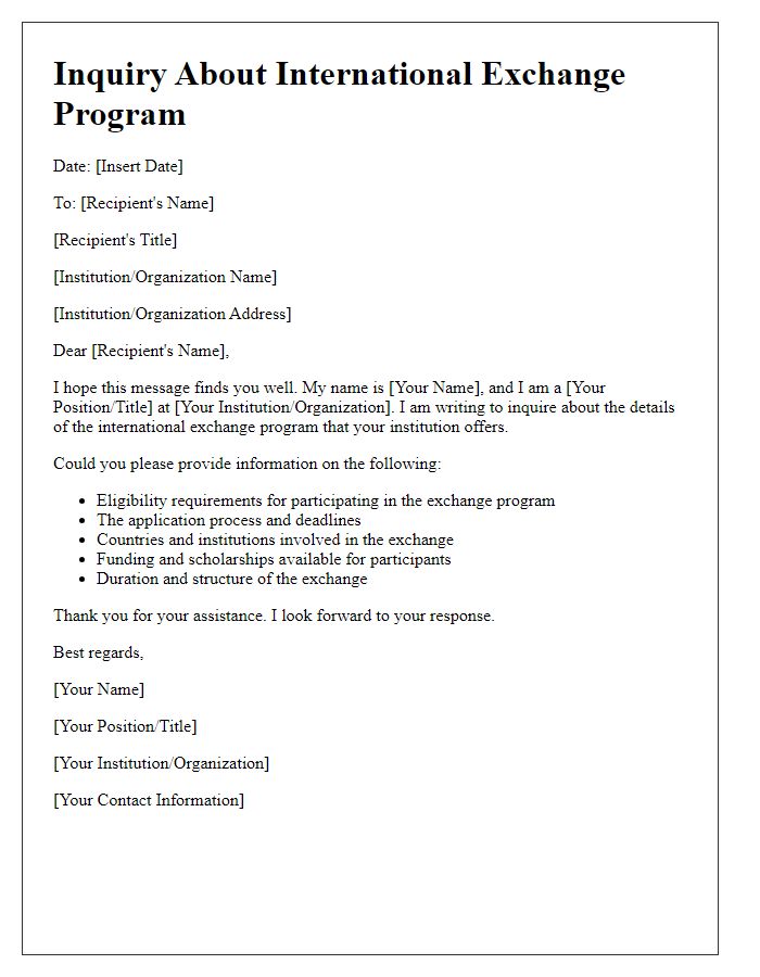 Letter template of inquiry about international exchange details.