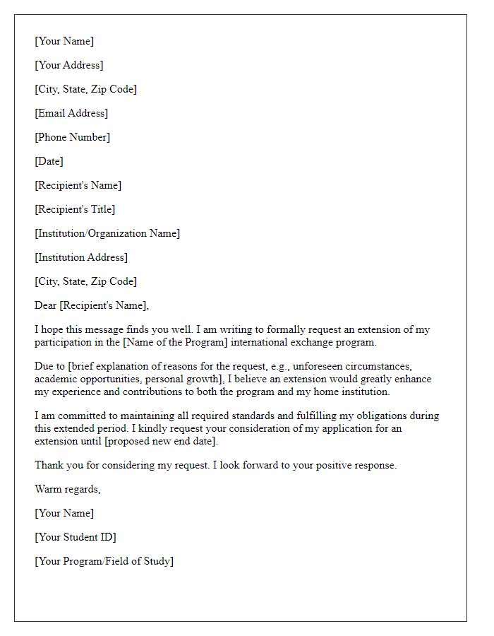 Letter template of request for extension of international exchange program.