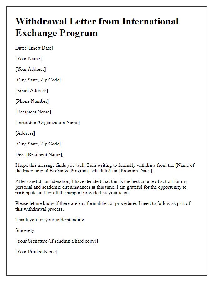 Letter template of withdrawal from international exchange program.