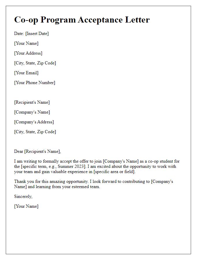 Letter template of acceptance for co-op program offer