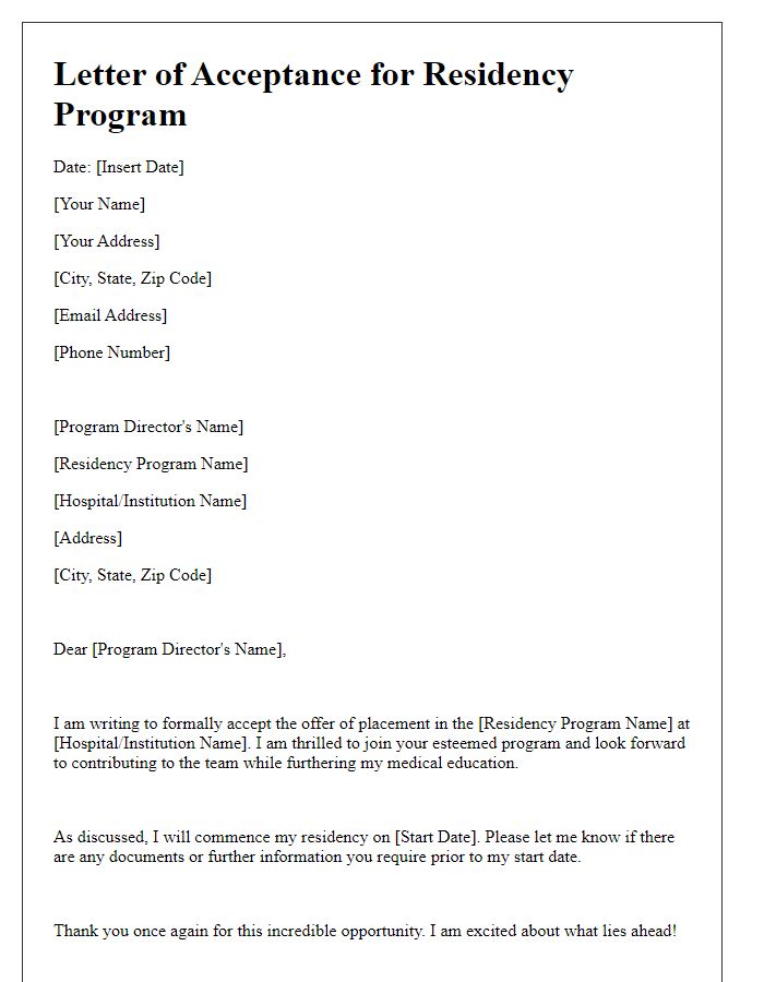 Letter template of acceptance for residency program placement