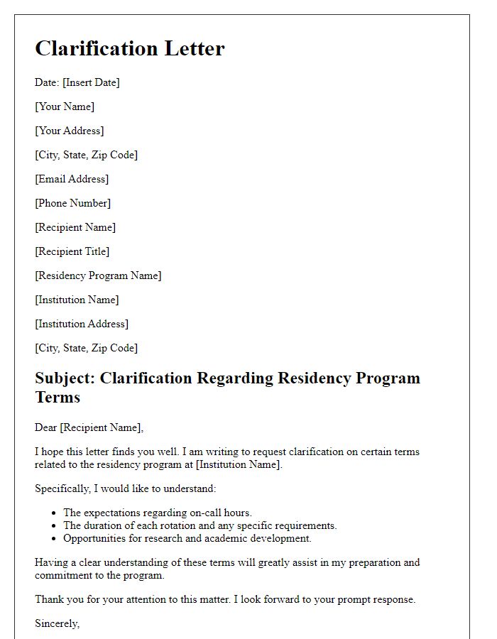 Letter template of clarification for residency program terms