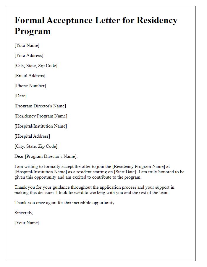 Letter template of formal acceptance for residency program