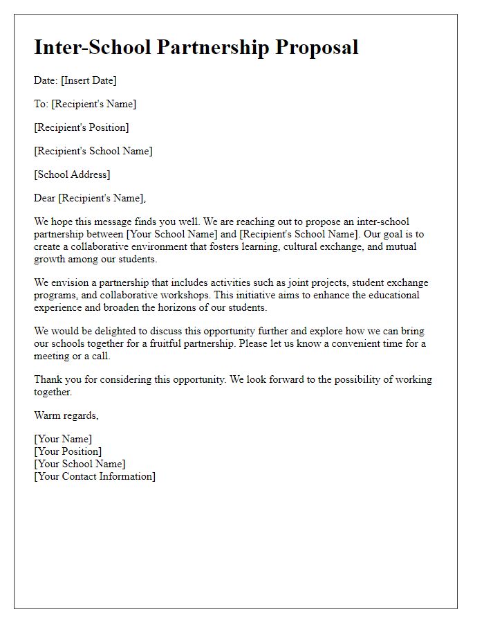 Letter template of inter-school partnership opportunity