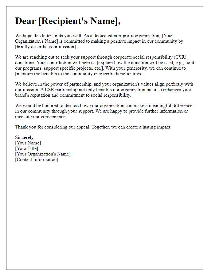 Letter template of CSR donation appeal for non-profit organizations