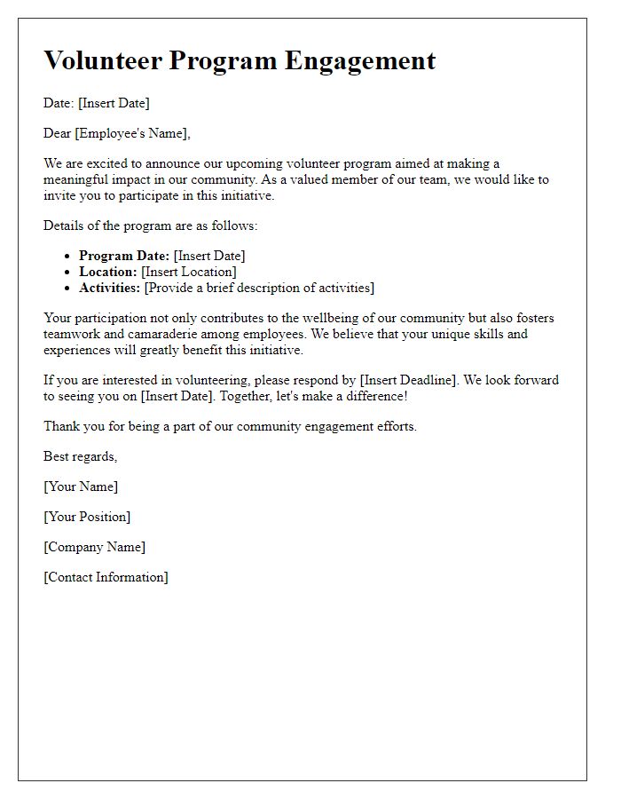 Letter template of volunteer program engagement for employees