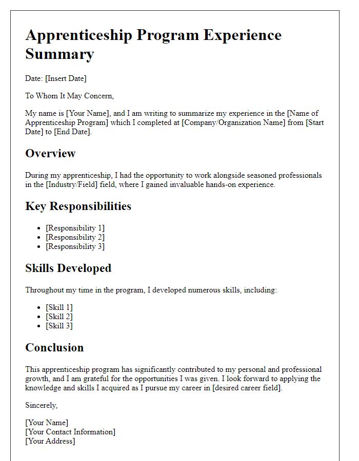 Letter template of apprenticeship program experience summary