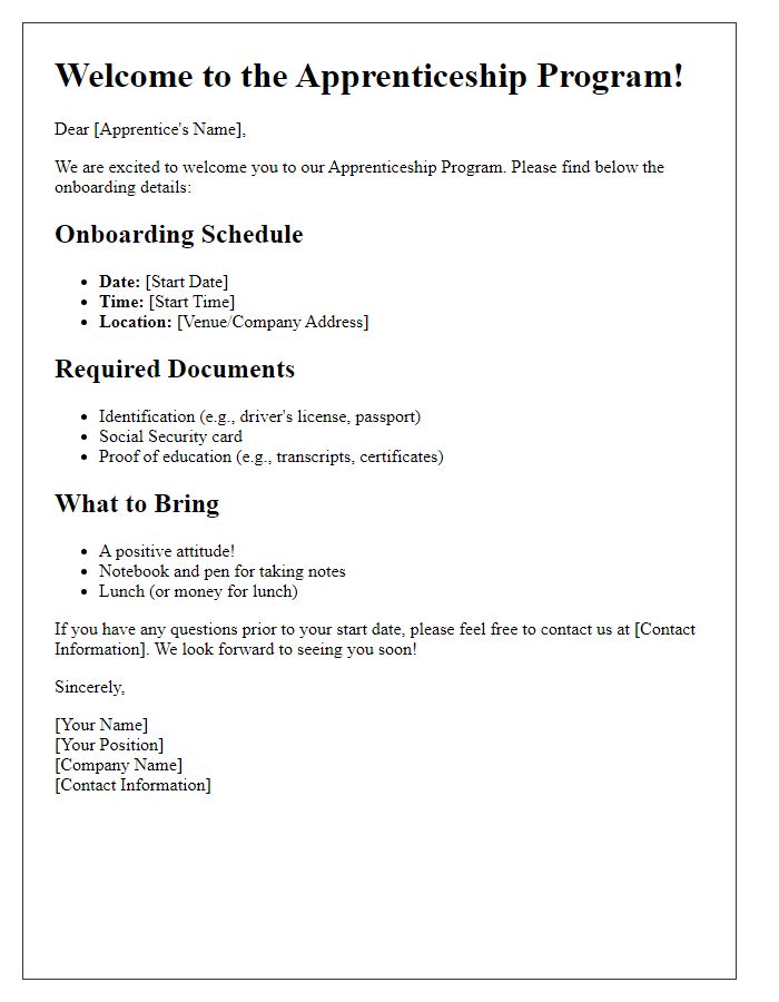 Letter template of apprenticeship program onboarding details