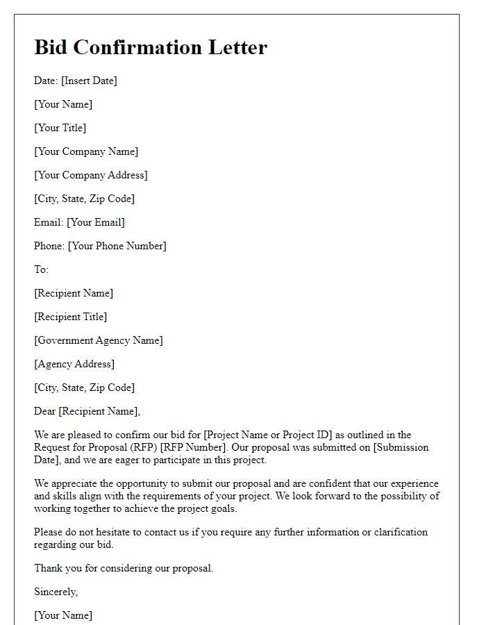 Letter template of bid confirmation for government contracts.