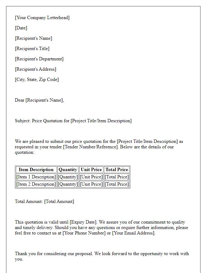 Letter template of price quotation for government tenders.