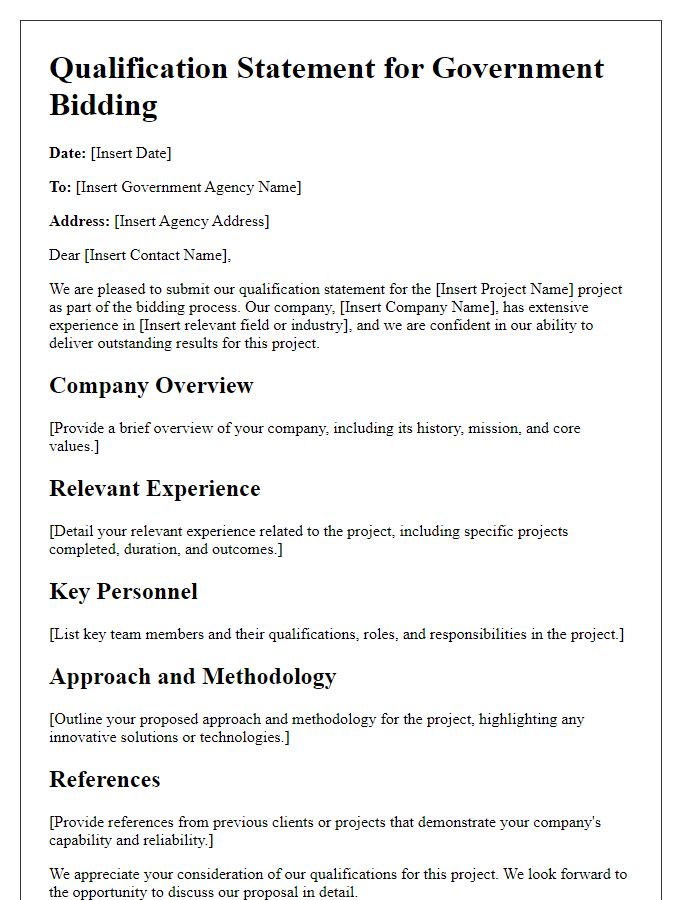 Letter template of qualification statement for government bidding.