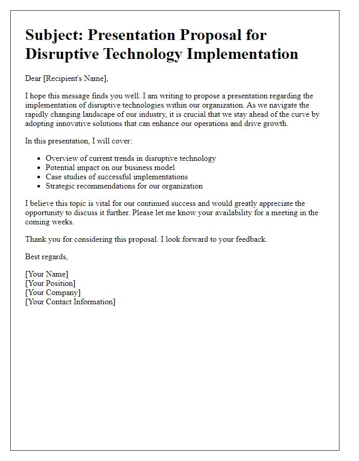 Letter template of presentation for disruptive technology implementations