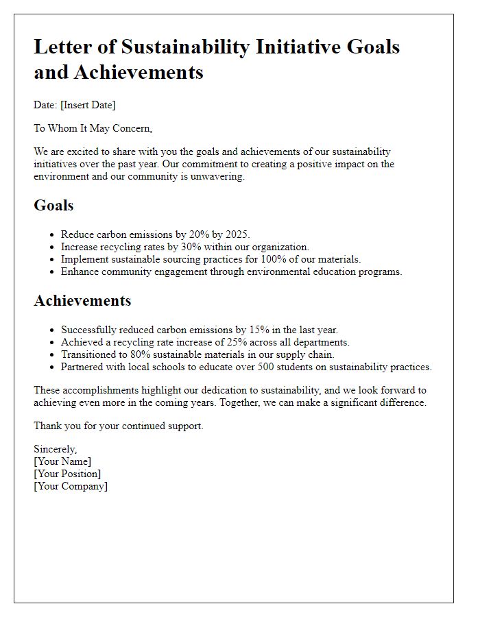 Letter template of sustainability initiative goals and achievements