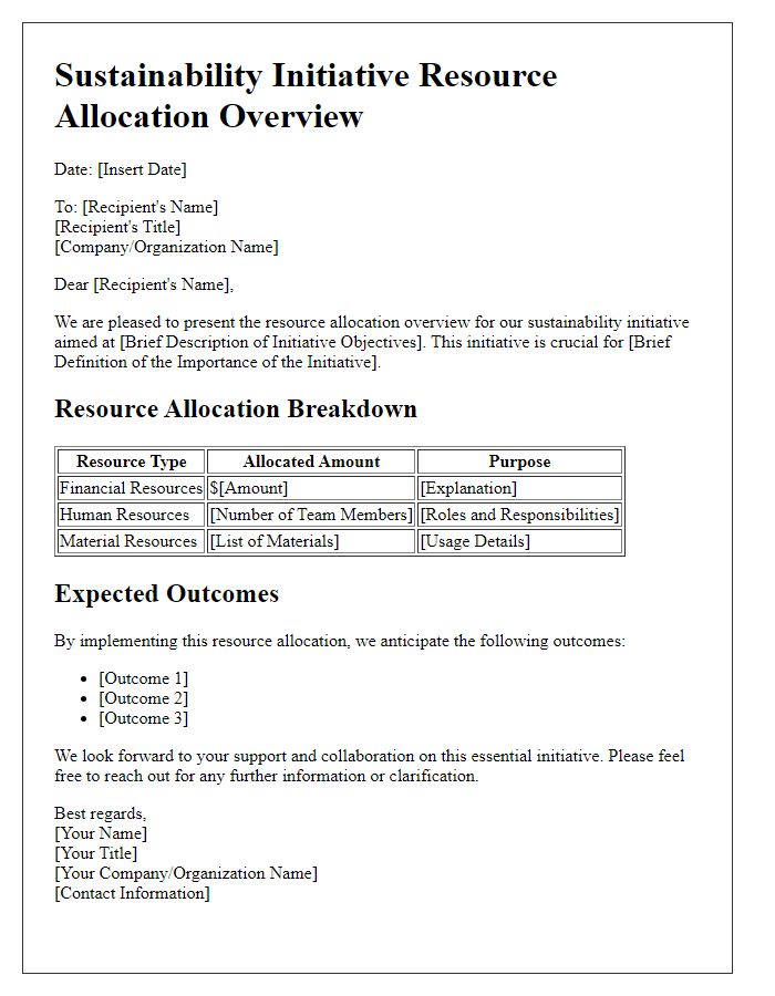 Letter template of sustainability initiative resource allocation overview