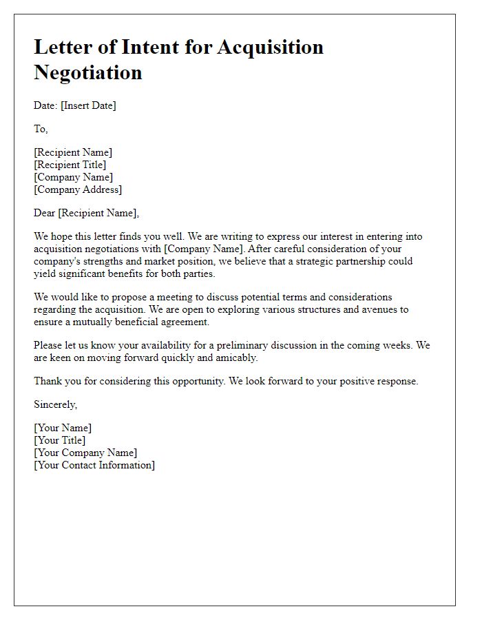 Letter template of Acquisition Negotiation Initiation