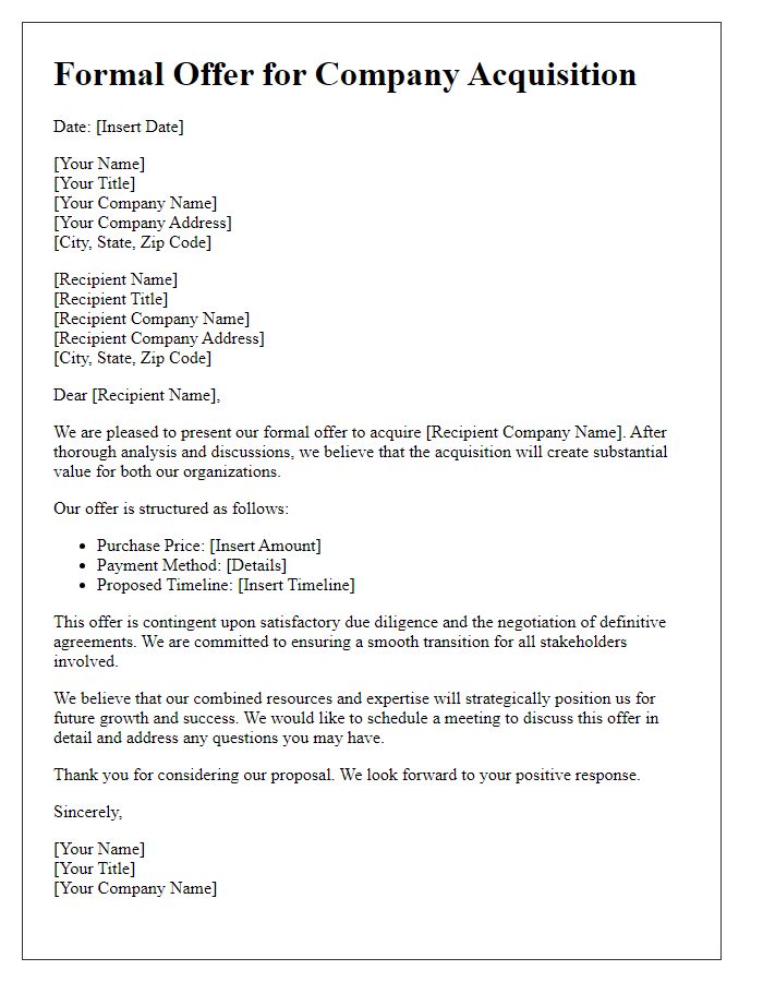 Letter template of Formal Offer for Company Acquisition