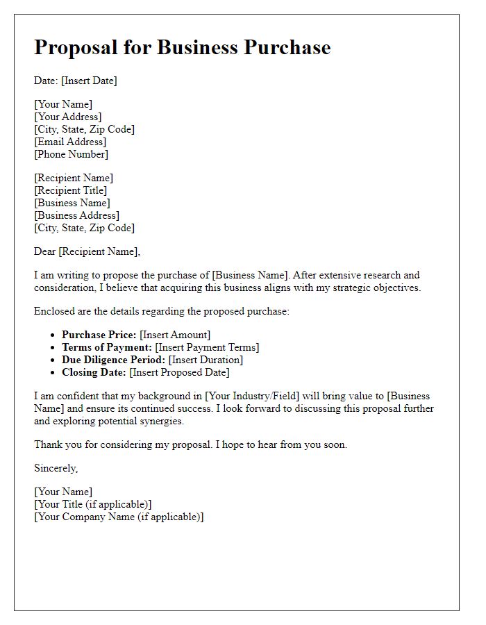 Letter template of Proposal for Business Purchase