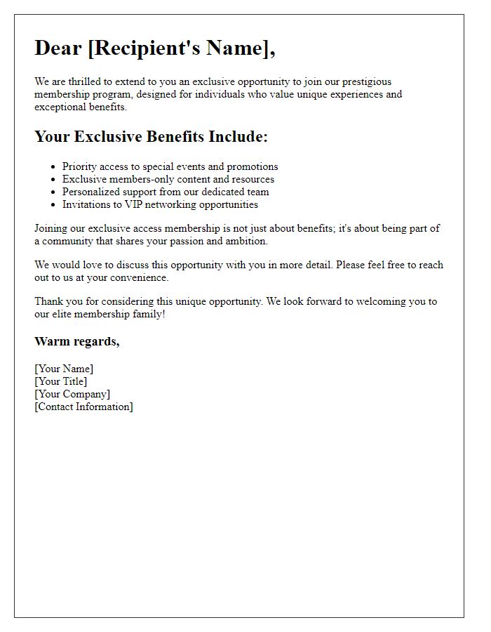 Letter template of exclusive access membership pitch