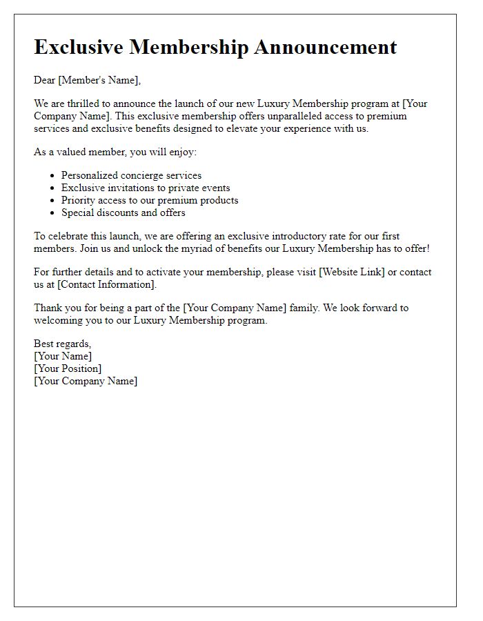 Letter template of luxury membership announcement