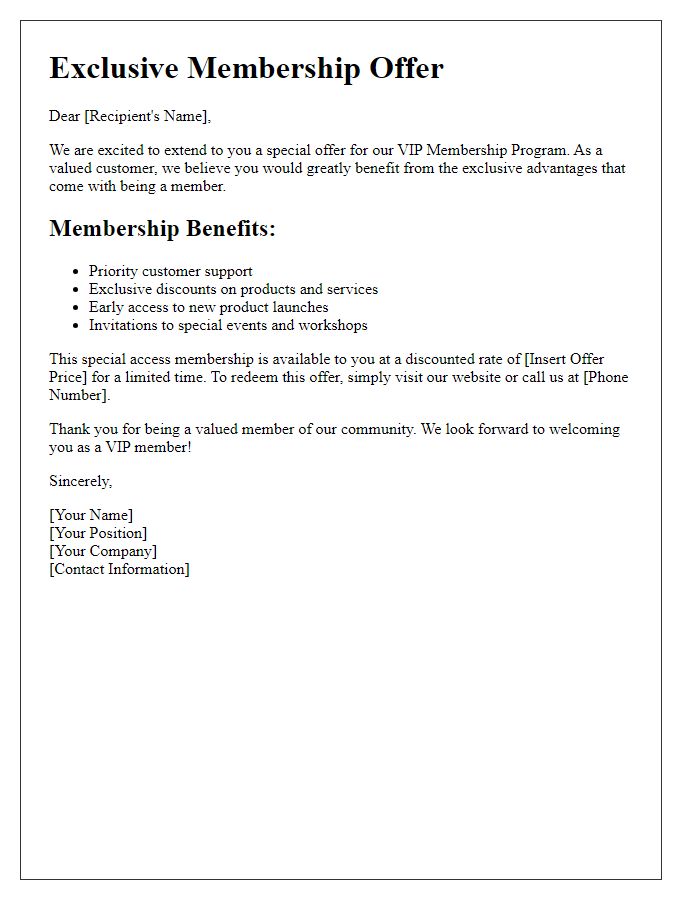 Letter template of special access membership offer