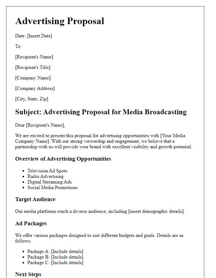 Letter template of media broadcasting advertising proposal