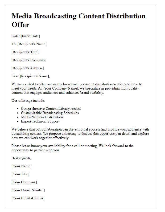 Letter template of media broadcasting content distribution offer