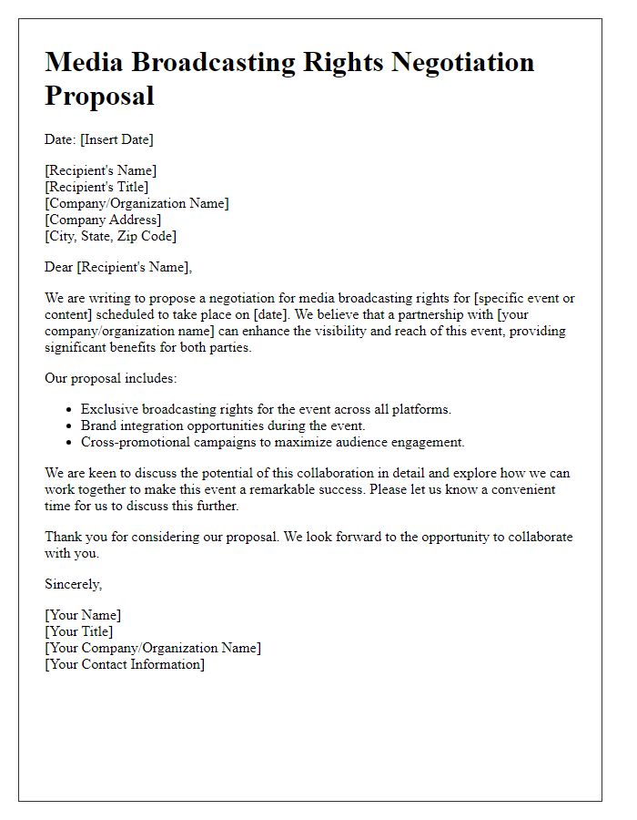 Letter template of media broadcasting rights negotiation proposal