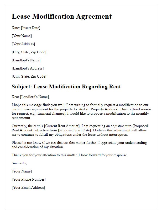 Letter template of lease modification regarding rent