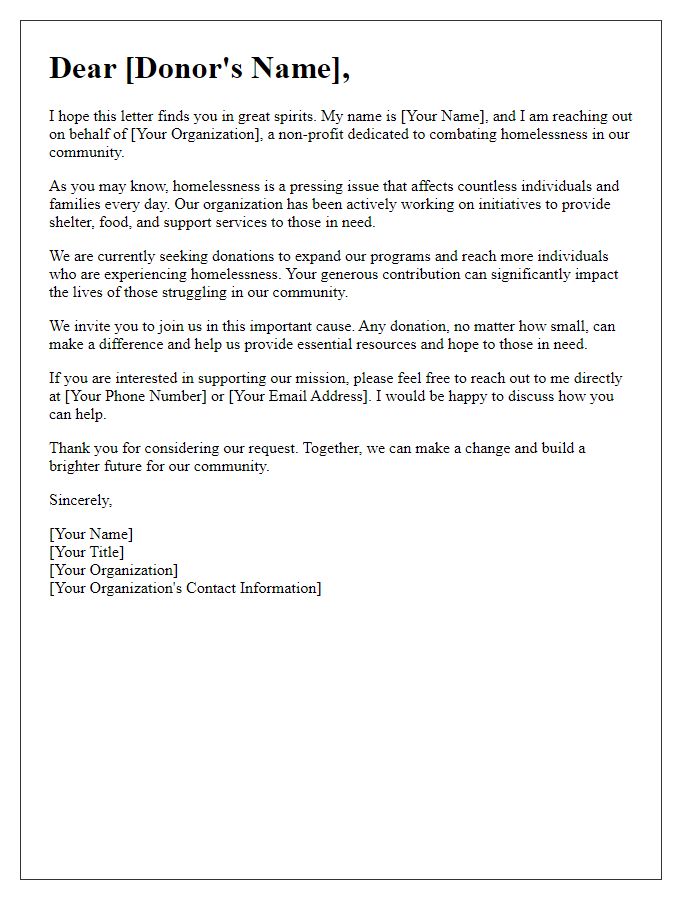 Letter template of donation request for homelessness initiatives