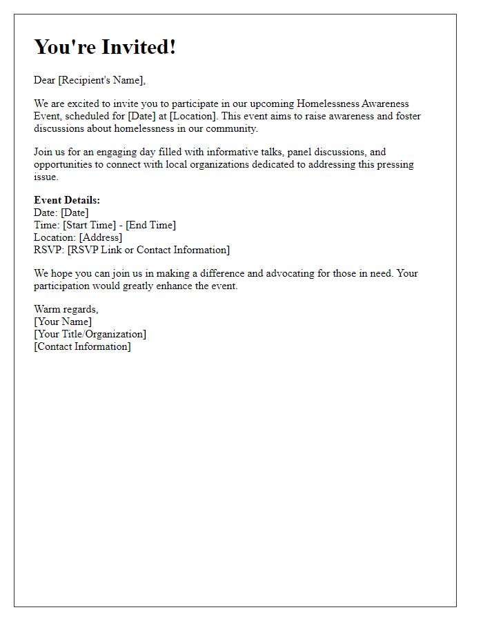 Letter template of invitation to participate in a homelessness awareness event