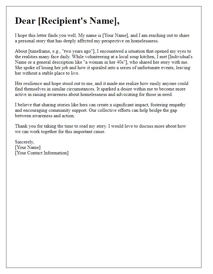 Letter template of personal story sharing for a homelessness awareness campaign