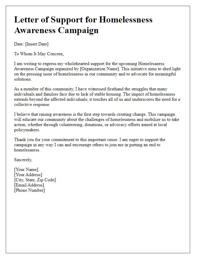 Letter template of support for a homelessness awareness campaign