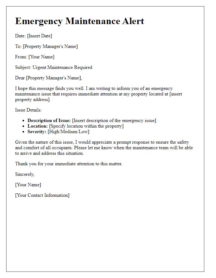 Letter template of property maintenance alert for emergency issues