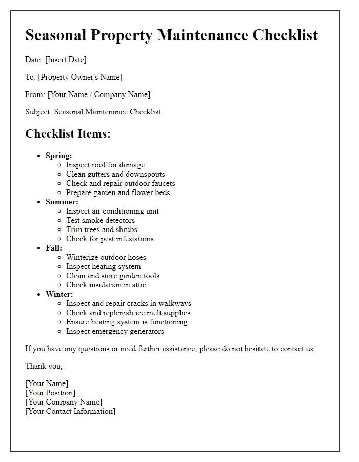 Letter template of property maintenance checklist for seasonal tasks