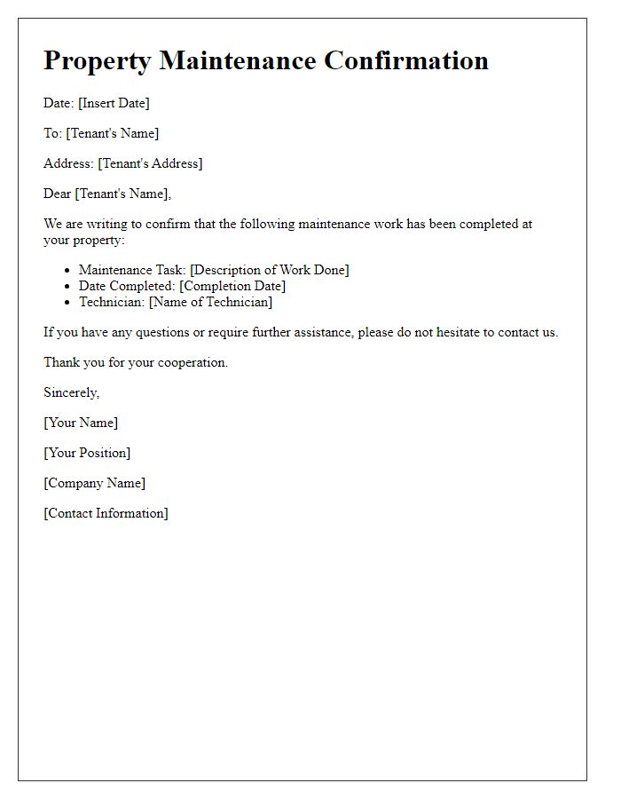 Letter template of property maintenance confirmation for completed work