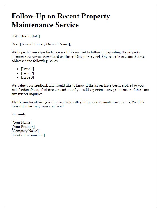 Letter template of property maintenance follow-up for past service