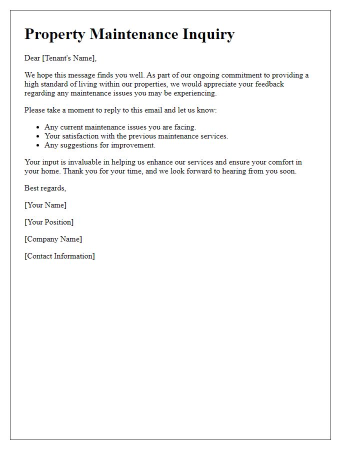 Letter template of property maintenance inquiry for tenant feedback