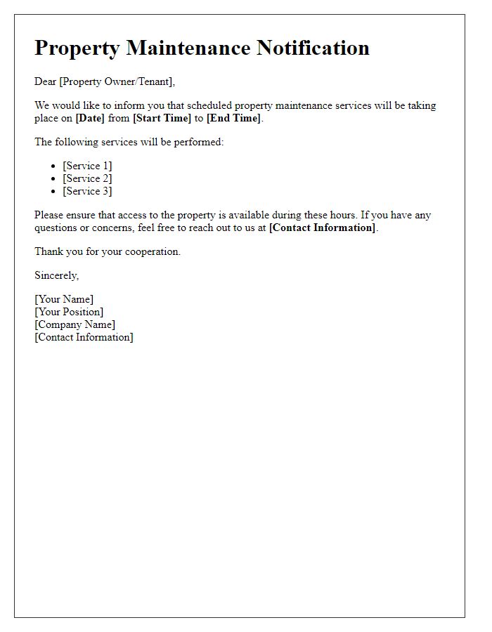 Letter template of property maintenance notification for scheduled service