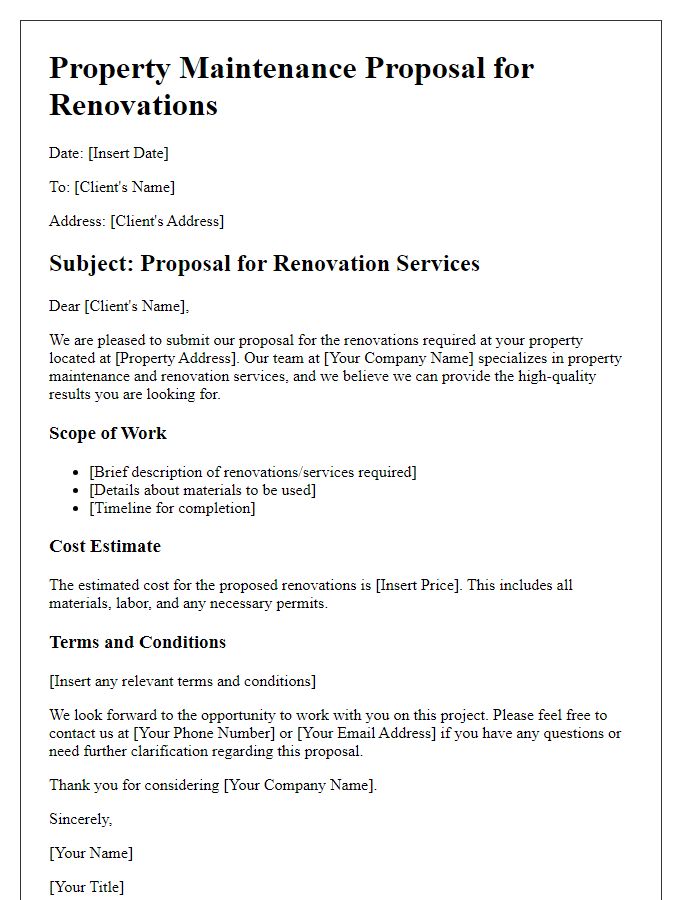 Letter template of property maintenance proposal for renovations