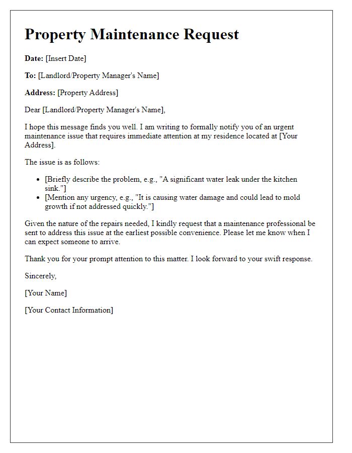 Letter template of property maintenance request for urgent repairs