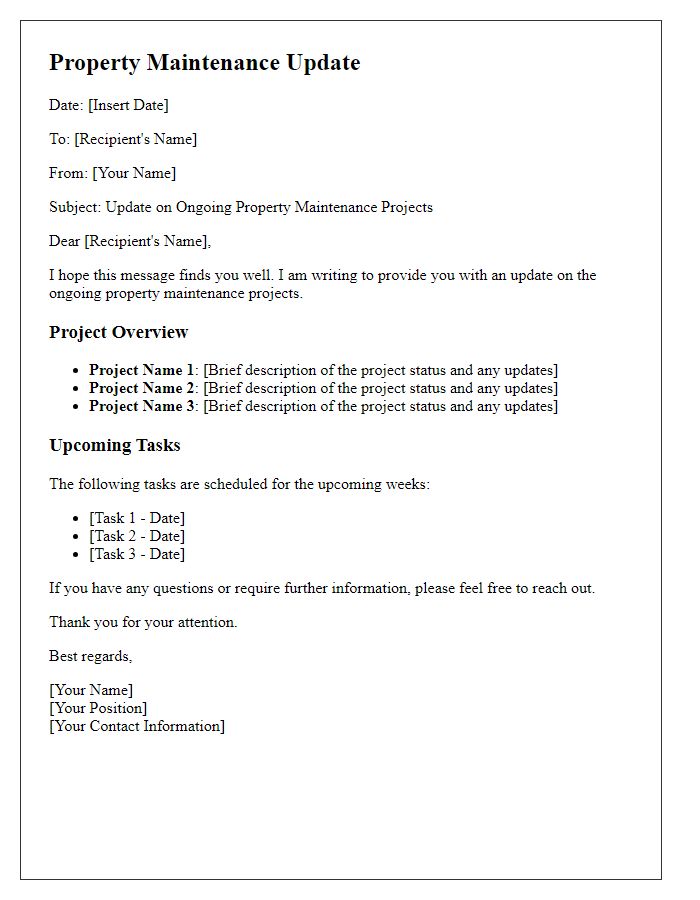 Letter template of property maintenance update for ongoing projects