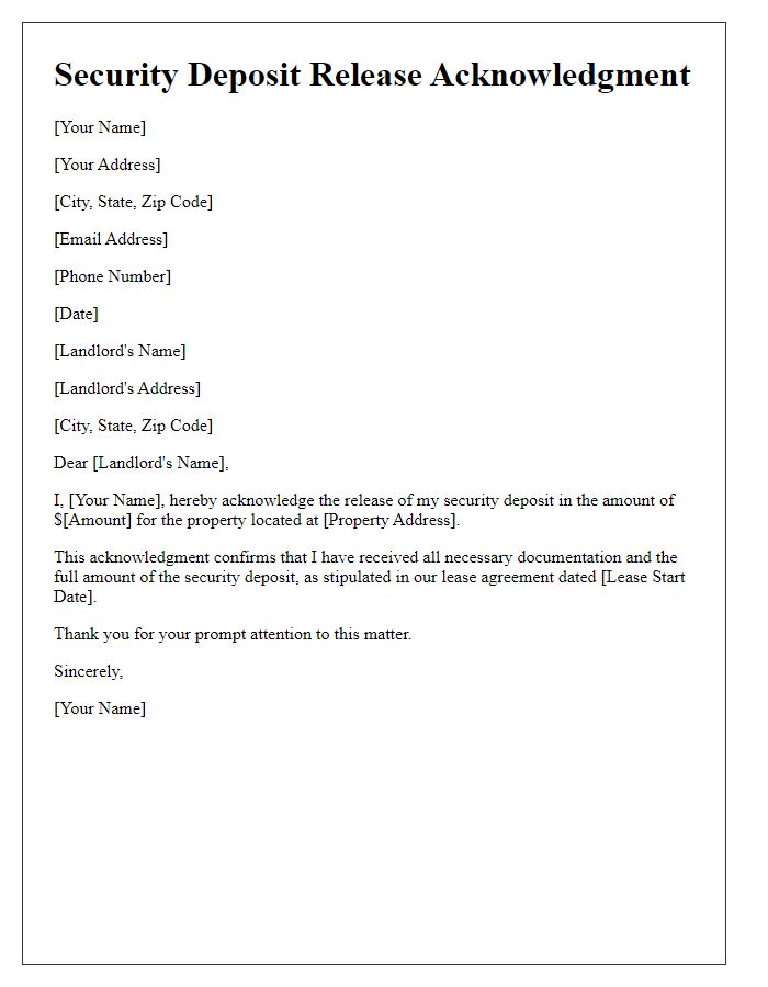 Letter template of security deposit release acknowledgment