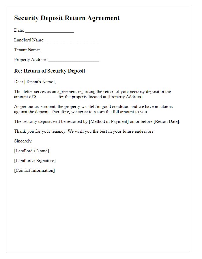 Letter template of security deposit return agreement