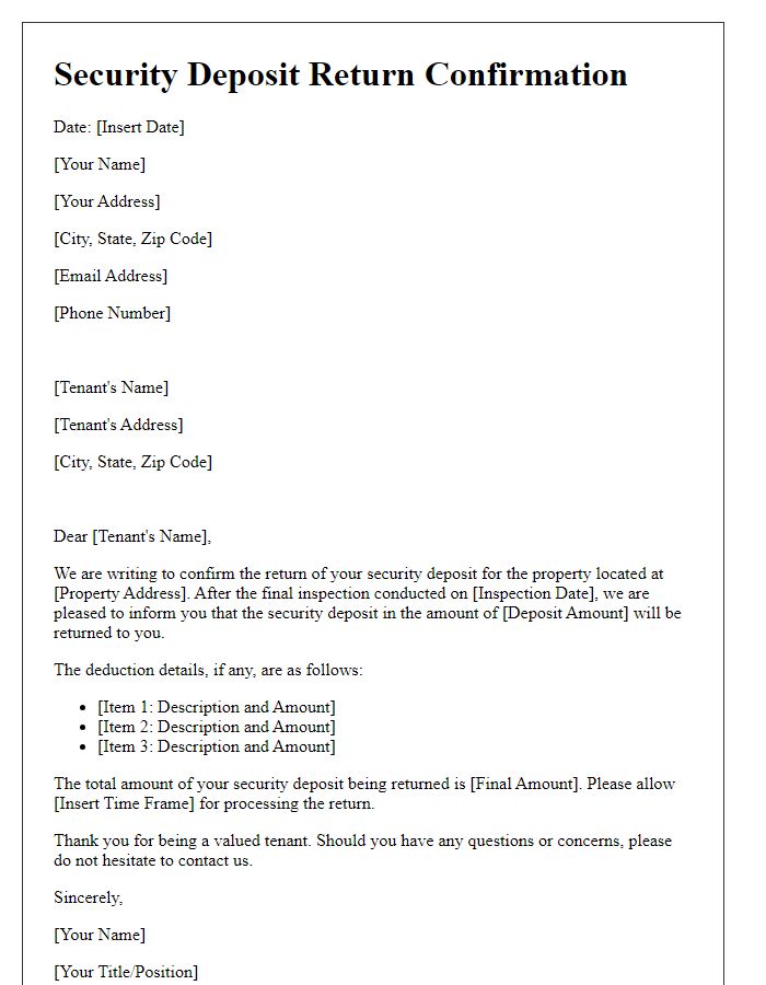 Letter template of security deposit return confirmation