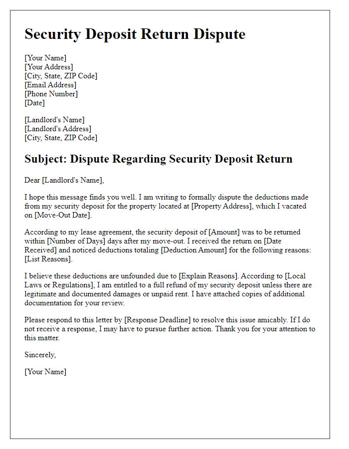 Letter template of security deposit return dispute