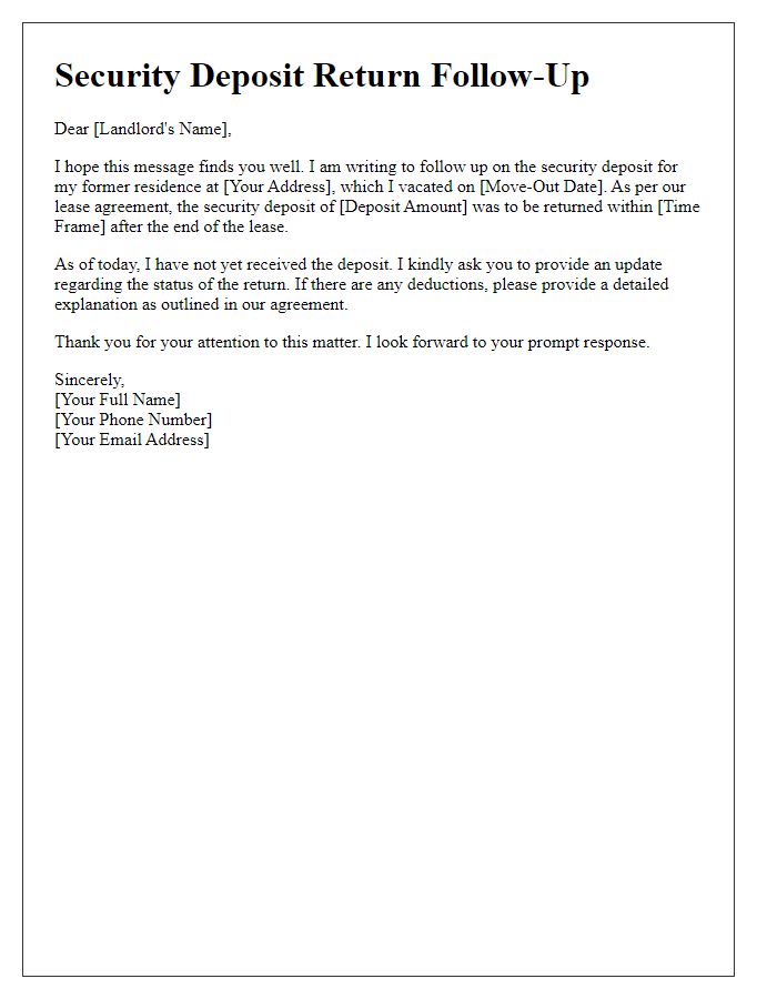 Letter template of security deposit return follow-up