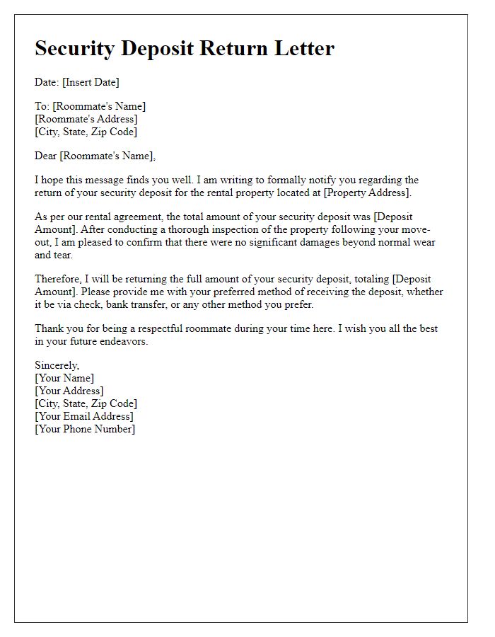 Letter template of security deposit return for roommates