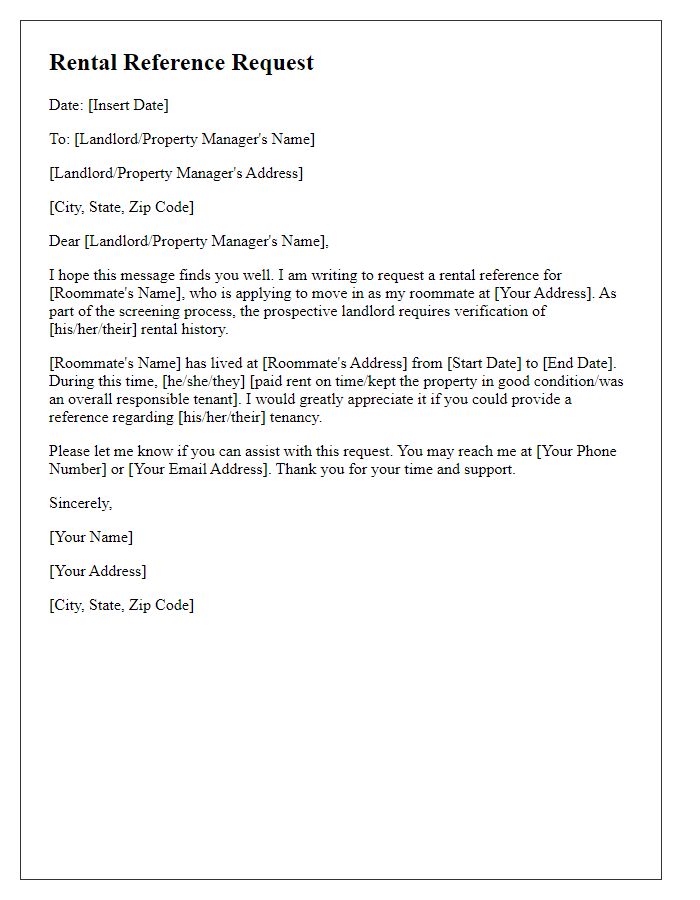 Letter template of rental reference request for roommate screening