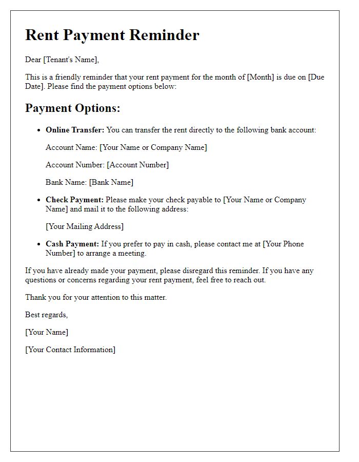 Letter template of Rent Payment Reminder with Payment Options