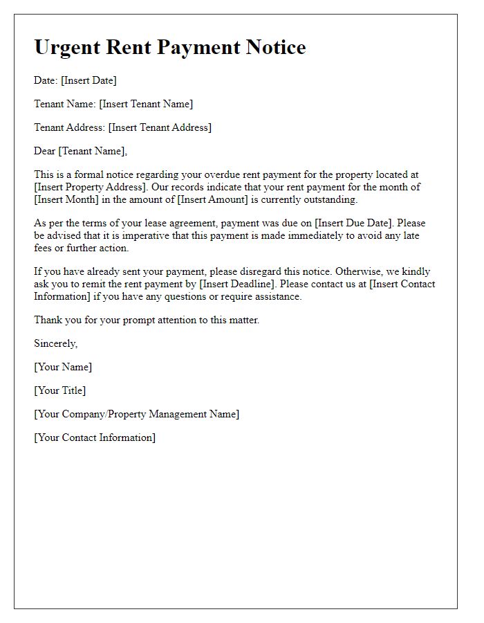 Letter template of Urgent Rent Payment Notice